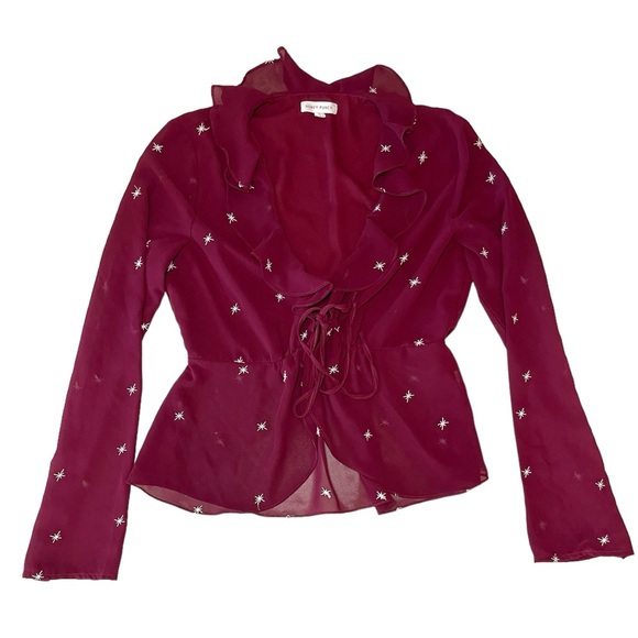 Red Honey Punch Long Sleeve Top With Plunge Ruffle Neck with Embroidery - Picture 2 of 9